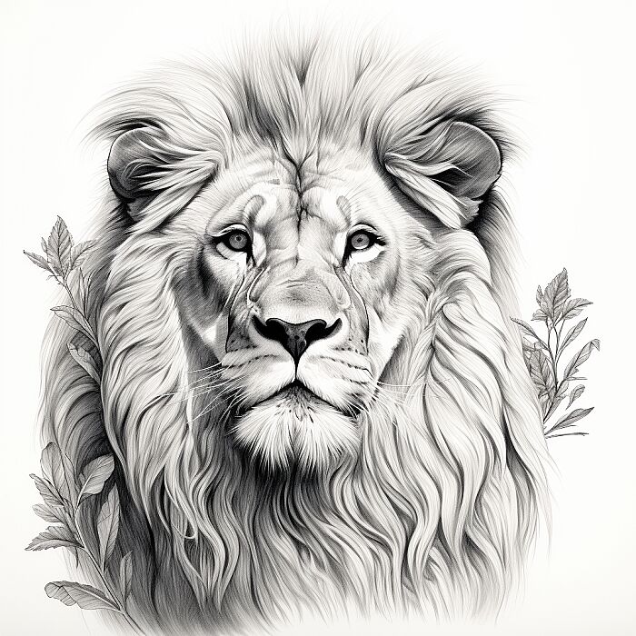 Create a low detailed monochrome illustration of [lion], featuring a detailed line-drawing style with realistic elements. The subject should be prominent in the composition with a background that complements its form. Use clean lines and cross-hatching to add texture and depth, capturing the essence of the subject in a striking and recognizable manner. --v 5.2 --style raw --s 150