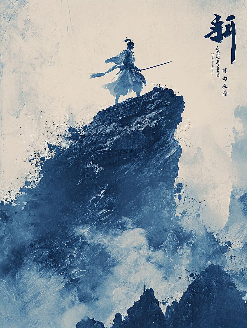 the man in the sun poster with a chinese warrior on top of a mountain, in the style of influenced by ancient chinese art, animated action, criterion collection, Tang dynasty,flowing brushwork, panoramic scale, light blue and gray , i can't believe how beautiful this is --ar 3:4 --v 6.0 --style raw