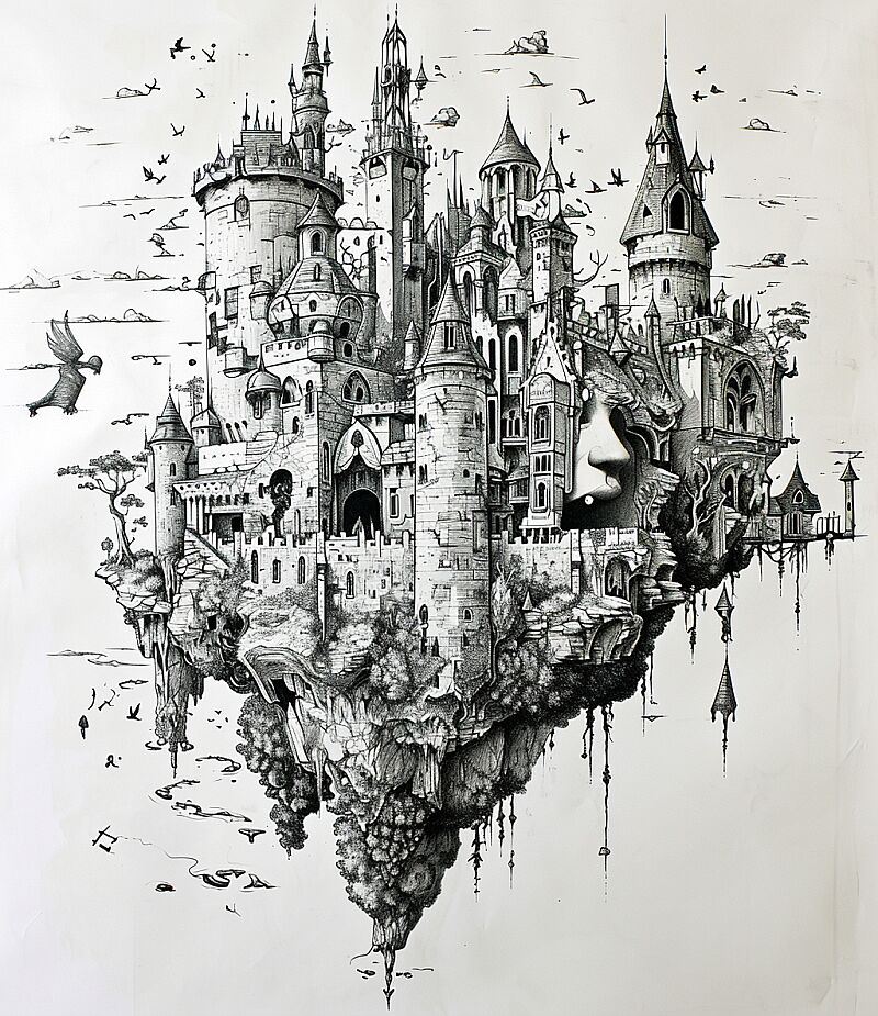 an ink drawing of a castle, in the style of metropolis meets nature, detailed facial features, mind-bending sculptures, highly detailed foliage, surreal shapes, made of all of the above, clever use of negative space --ar 87:100 --v 6.0 --style raw