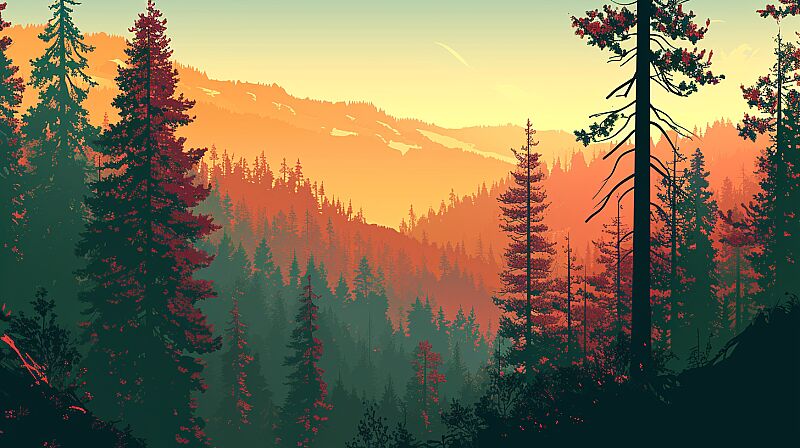 ultra-minimalist luminist travel poster for the redwood national forest park at sunrise, retro minimalism in reds, rust, and greens --ar 16:9 --s 200 --c 22 --v 6.0 --style raw