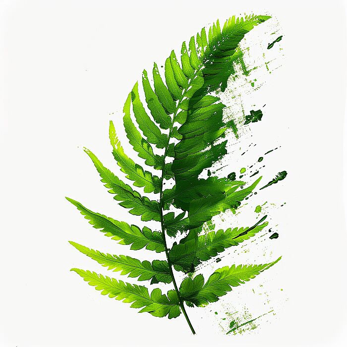 Top-down photograph of a vibrant green fern frond silhouette made from paint smears, pure white background --v 6.0