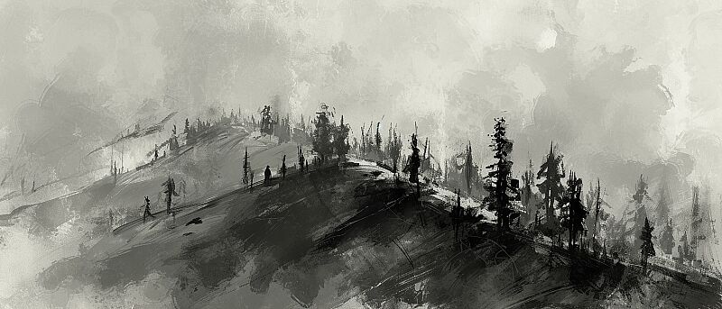 a sketch on paper of a hill with trees, in the style of frostpunk, overexposure, heavy use of palette knives, whistlerian, majestic figures, nikon d850, multiple points of view --ar 21:9 --v 6.0 --style raw