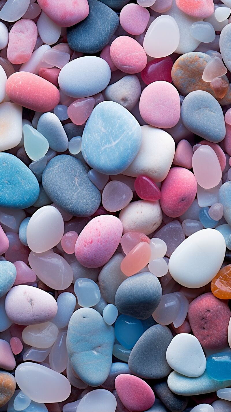 Summer beach, transparent and shining pebbles, light blue, pink, white --v 5.1 --ar 9:16 --s 100