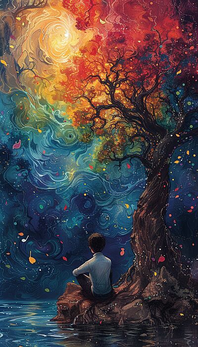 illustrate a man meditating surrounded by colorful nature with sound waves and music notes : --ar 4:7 --v 6.0 --s 750