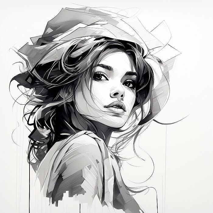 Create a low detailed monochrome illustration of [woman], featuring a detailed line-drawing style with realistic elements. The subject should be prominent in the composition with a background that complements its form. Use clean lines and cross-hatching to add texture and depth, capturing the essence of the subject in a striking and recognizable manner. --v 5.2 --style raw --s 150