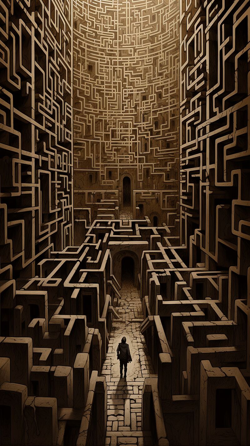 Album artwork visualizing a maze of twisted alleyways, bathed in sepia and black tones. In the heart of the labyrinth, a figure sits, head bowed, but their hand clutches a glowing orb – the source of dopamine, offering a juxtaposition of despair and motivation, with "Dopamine" elegantly scripted below, Illustration, hand-drawn with high contrast black ink and sepia washes --ar 9:16