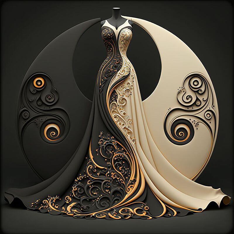 ying yang fashion, elegant gown, intricate details, exquisite elegance, made of ying yang, flowing gown