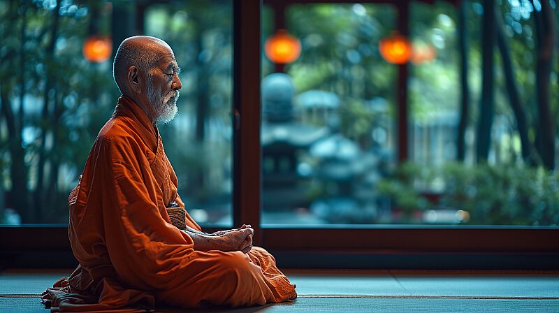 blacklight, Miroku Bosatsu sits in a half-cross-legged posture, engrossed in meditation, exploring a vision of a future where his profound contemplation brings peace to the world, 8k, HDR, 500px, shot with a prime lens using a Nikon 50mm f/1.8G --ar 16:9 --s 750 --v 6.0 --style raw