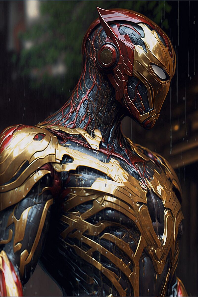 close on Spiderman/Ironman/Robocop fusion, hyperdetailed wet golden armor, black gold dark-red, cinematic lighting, by donato giancola and nicolas de stael --ar 2:3  --v 4