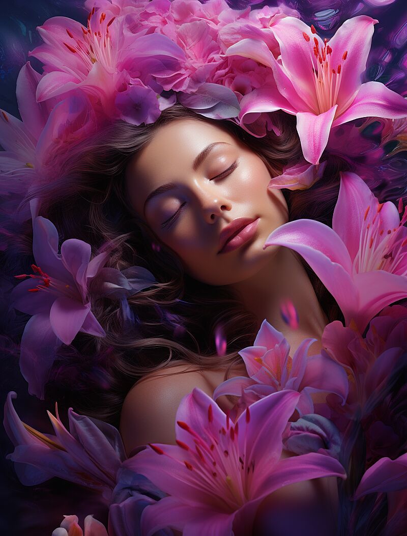 a women in purple flowers and lilies, in the style of 32k uhd, colorful gradients, caras ionut, cute and colorful, wallpaper, playful caricatures, dark white and pink --ar 49:64