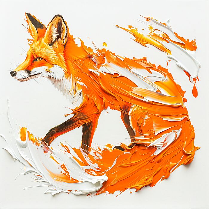 Top-down photograph of a vibrant orange,redish orange , white fox silhouette made from paint smears, pure white background --v 6.0