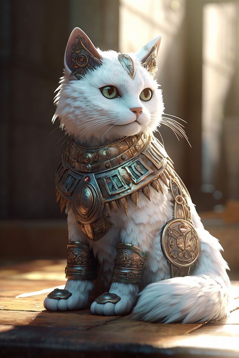 Cute armored Turkish Van cat, in the style of Baten Kaitos, beautiful 3ds max render, volumetric lighting, global illumination, raytracing, detailed hyperrealism, manga --ar 2:3 --c 6 --s 600  --v 5