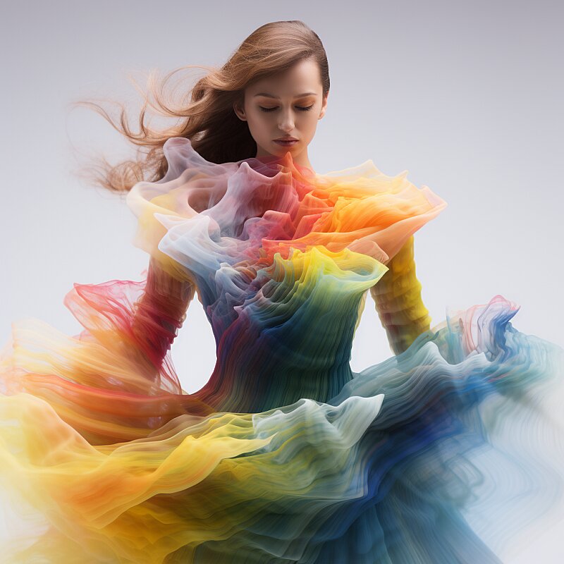 black and white full body view of woman in a complex colorful dress consisting of misty translucent dormant air particle, on white background, professional fashion photography, hyper detailed texture of wavy long hair, poster like, japanese minimalism::1 , tilt-shift on hands and face, nikon, hasselblad, canon, fujifilm, 8k, 16, 32k, super macro, --style raw