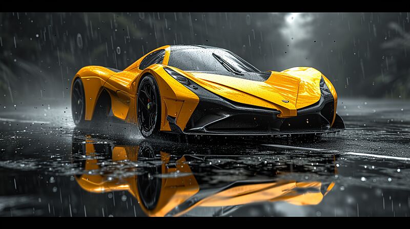 create image of yellow and black SSC Tuatara with black dark background --ar 16:9 --v 6.0 --s 250