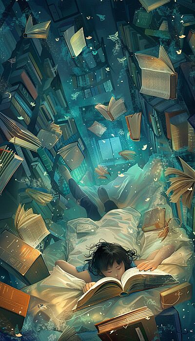 Magical Sleep Journey: very creative Create a fantastical illustration of a person drifting off to sleep, surrounded by floating books. --ar 4:7 --v 6.0