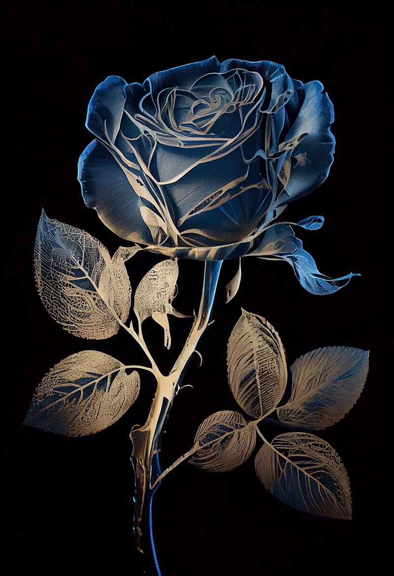 Cyanotype Elegant beauty Rose, kintsugi style and filigree, HD, image shot with a Canon EOS 5D Mark IV and Fujifilm Superia X-TRA 400 film. Cinematic colorgrading, dystopian lighting, character design, 25mm, hero shot, key visual, editorial photography --ar 2:3  --upbeta --q 2 --v 4