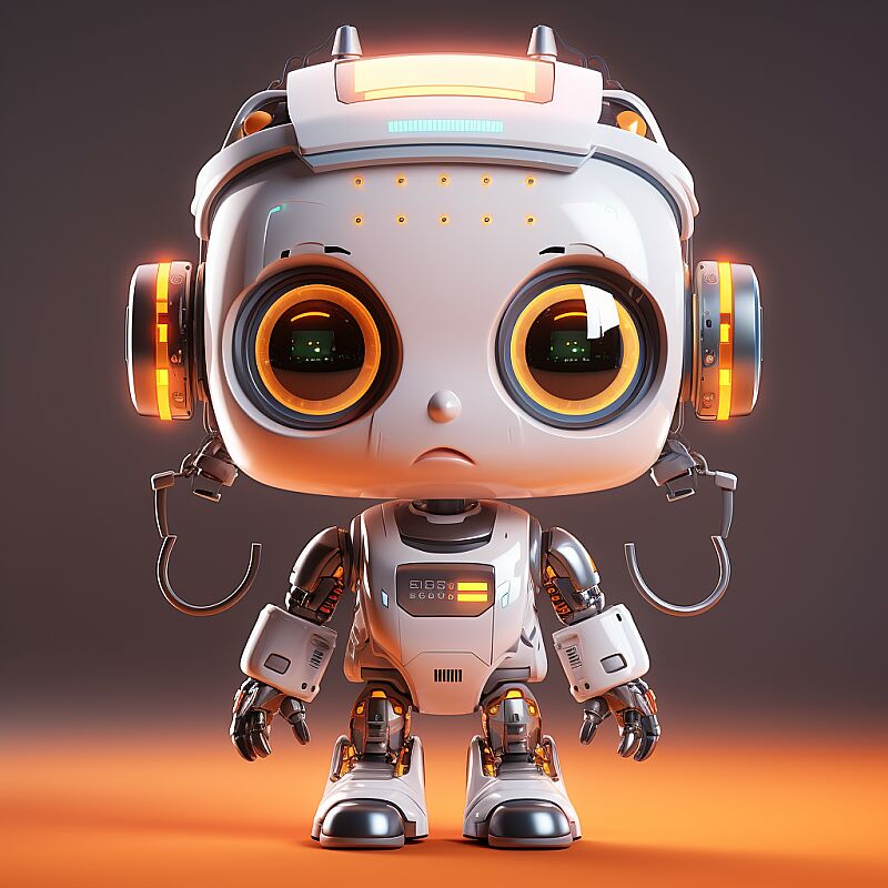 a portrait of a little female electric transparent robot with technical elements, square head, robot face without mouth and nose, camera lens eyes and plastic dark brown medium length hair, lives in electric gadgets, different light eyes, clean background, pixar style, cute style, 3d art --style raw