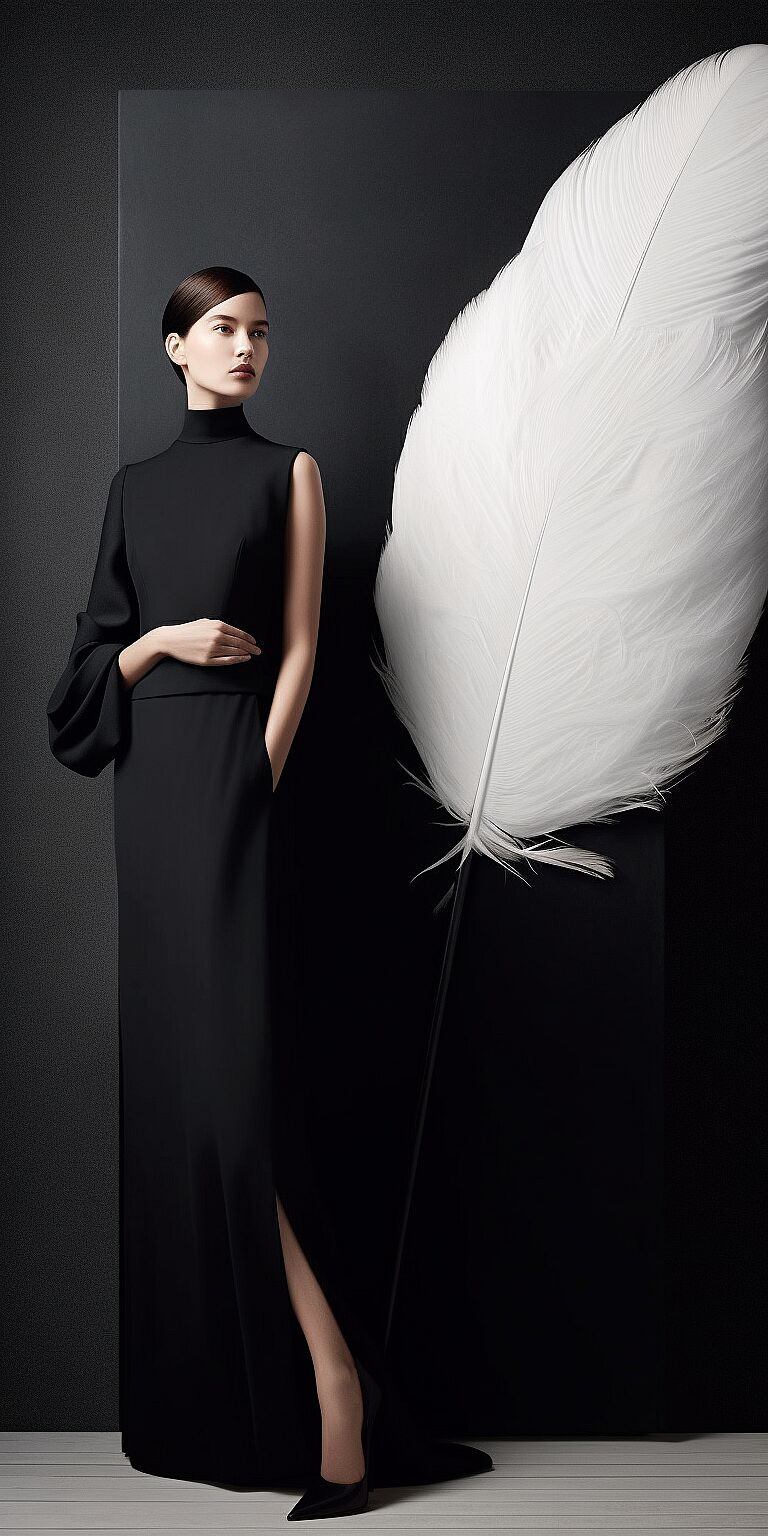 a model stands in a black long gown with a white feather in her face, in the style of eiko ojala, ellsworth kelly, balanced asymmetry, ivory, raphaelle peale, monochromatic palette, asymmetric balance - --v 5 --s 500 --chaos 10 --ar 1:2