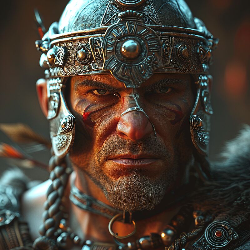 dramatic portrait of a barbarian, a barbarian, wearing a helmet and jewelry, finely detailed, intricate design, beautiful light, Cinematic lighting. 85mm, f1.4, V-ray, octane render, unreal engine, ultra sharp, 8k --v 6.0 --style raw