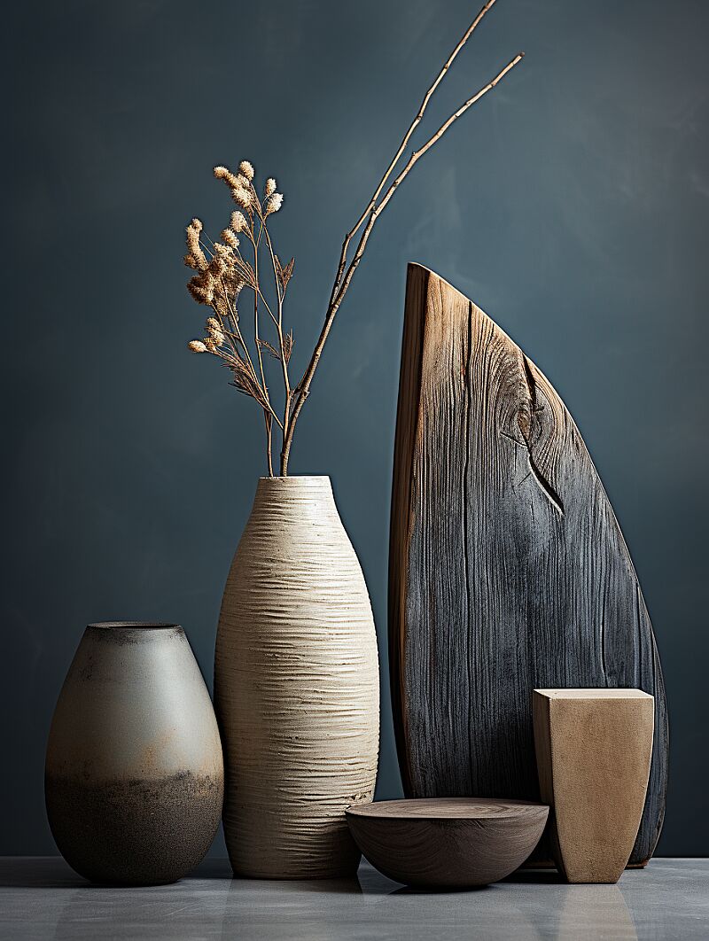 3 different pieces of wood and a vase, in the style of dark sky-blue and dark beige, light bronze and white, texture-rich surfaces, polished concrete, linear precision, pastoral charm, luminous quality --ar 3:4