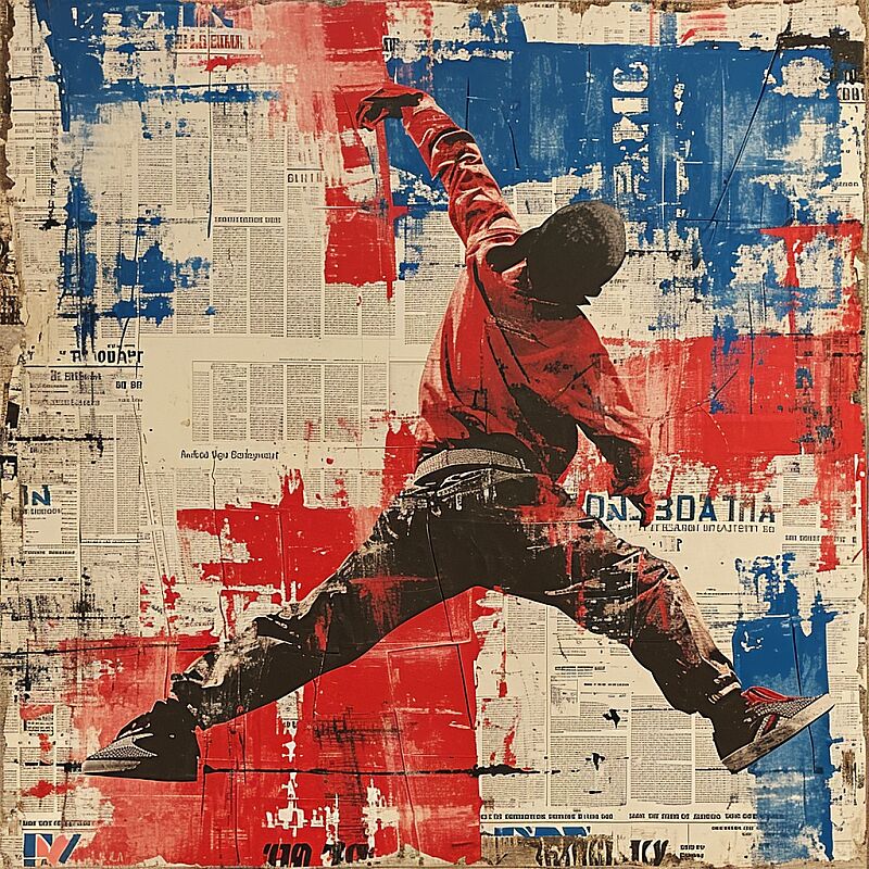 Hip hop fashion, break dance, photographic silkscreen print, in the photographic style of malick sidibé, shepard fairey, red, white and blue, printed on collaged newspaper with a gel medium transfer. The newsprint bleeds, texture, print features, deconstructed pop, contemporary art, pop art: bold graphics --s 250 --v 6.0 --style raw