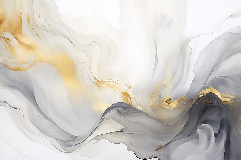 an illustration of white, grey and gold watercolor painting on paper, in the style of mysterious backdrops, glossy finish, flowing fabrics, uhd image, eroded interiors, elegant, emotive faces, marble --ar 128:85 --style raw