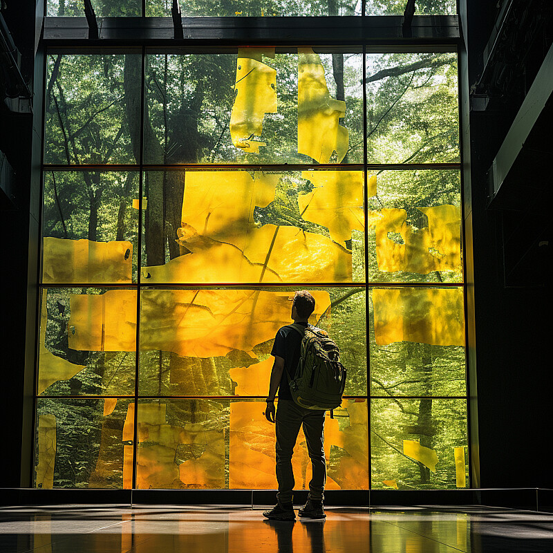 Hiker by robert lewis in 2012, glass walls, studio set, light reflection, in the style of cross-processing/processed, in polychrome glass, fujifilm x-t4, vibrant stage backdrops, 8k, vibrant murals, light amber, color negative --style raw