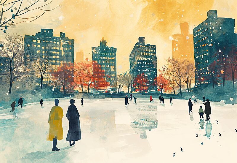 illustration depicts people in a city park near buildings, in the style of delicate ink washes, light amber and navy, new york city subject matter, icepunk, expansive landscapes, playful animation, chalky --ar 16:11 --v 6.0 --style raw