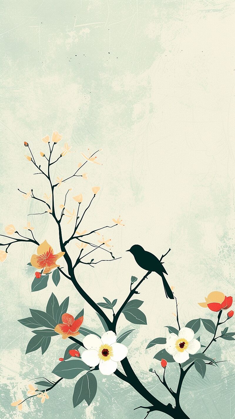 simple flowers and bird Phone modern wallpaper, minimal, abstract, aesthetic, modern, minimalistic, neutral, HD quad quality, high resolution --ar 9:16 --v 6.0 --style raw