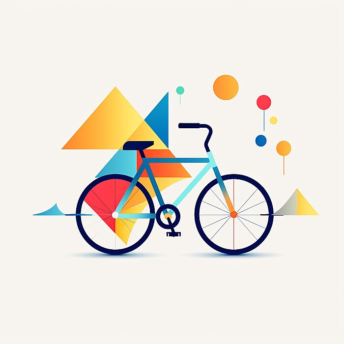 Create an minimalist illustration with a central [bicycle] in a vibrant, stylized, and colorful design. The subject should be detailed and the central focus, with the rest of the image fading into a clean, white background. The style should be whimsical and modern, with a touch of playfulness and a flat design aesthetic. --v 5.2 --s 50 --style raw