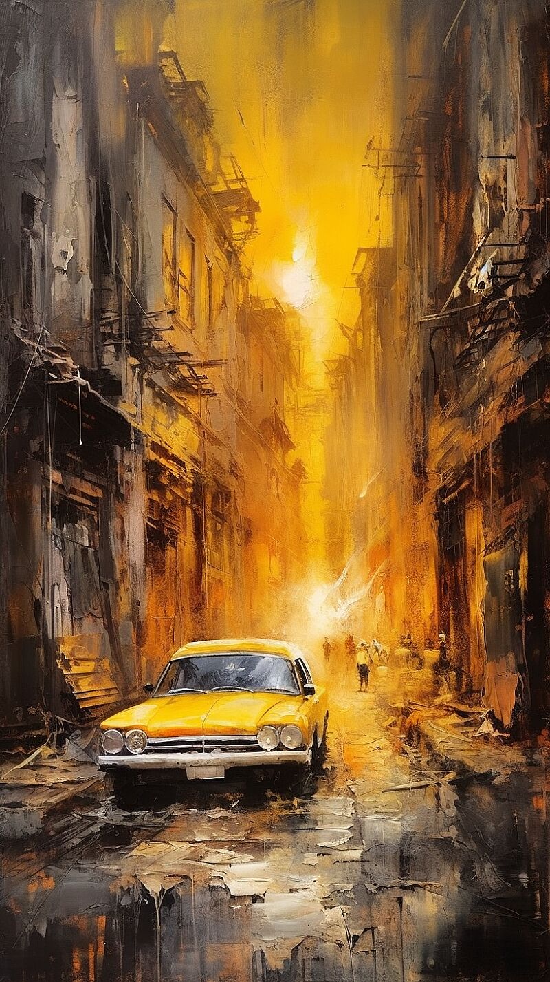 yellow taxi wallpaper, in the style of industrial paintings, apocalypse landscape, street scenes with vibrant colors, landscape painter, busy landscapes, smokey background, industrial landscapes --ar 9:16 --q 5 --uplight --v 5.1