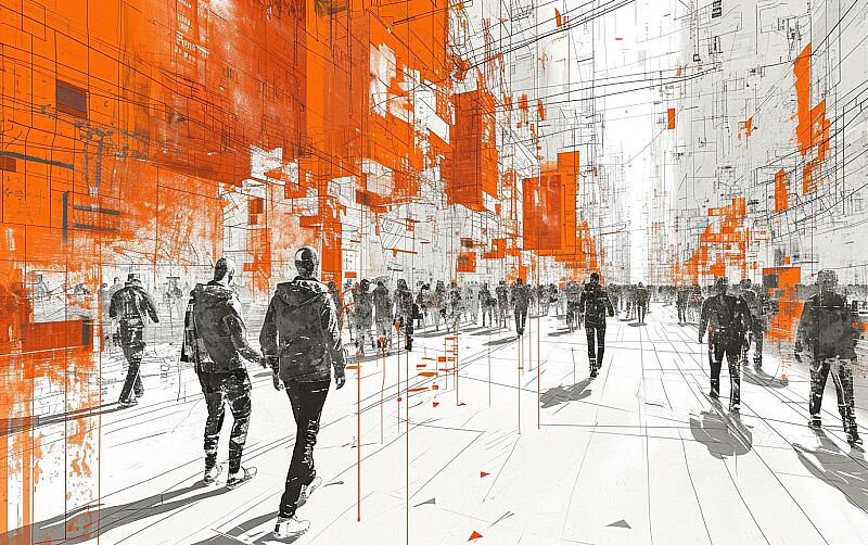 the book includes maps and several drawings, in the style of video feedback loops, expansive spaces, urban edge, detailed crowd scenes, white and orange --ar 8:5 --v 6.0 --style raw --s 250