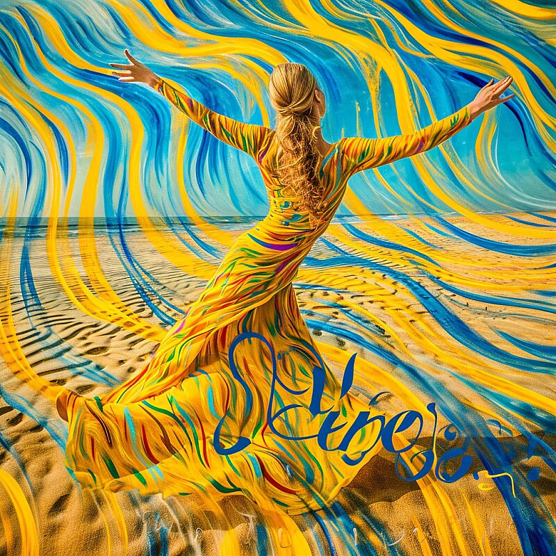 : create a psychedelic image of a blonde woman dancing on the beach, with swirling, vivid colors and abstract patterns in the sky and sand, reflecting a sense of freedom and joy. --s 1000 --c 11 --w 111 --v 6.0 --style raw