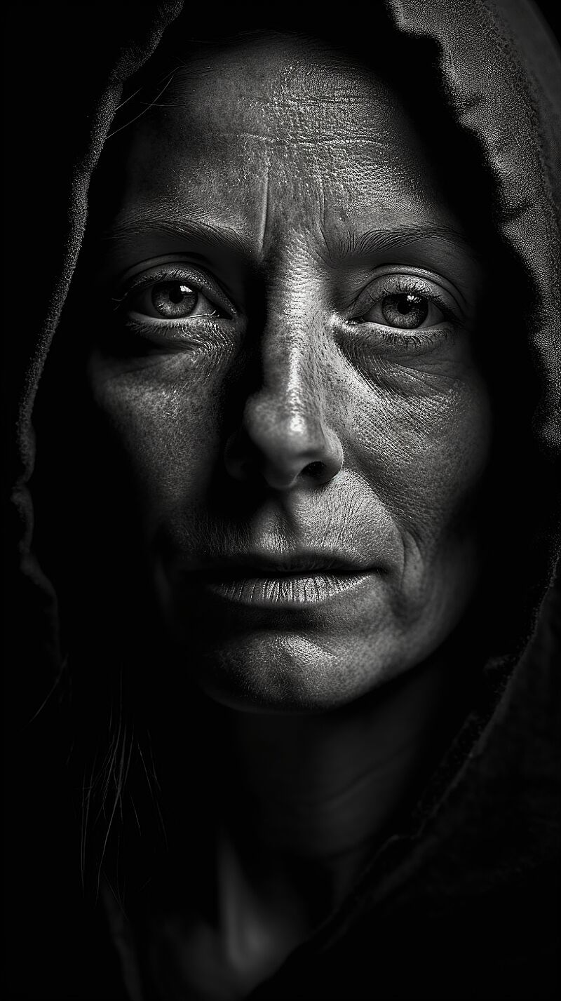 black and white photography of a 40 years old woman, dramatic pose, light streaming on his face while he poses in the darkness, clean detailed eyes and detailed hair, hyper realistic skin texture, rembrandt lighting, uhd, 4k, 8k, 35mm, facial features, professional portrait photography, humidity ::6, super macro, iso 8000 --ar 9:16 --s 750 --v 5.1