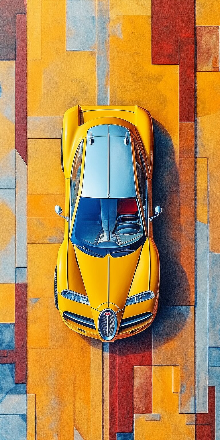 tromp l\'oeil 3D  top view wide angle of Bugatti Type 41, the Royale, large luxury car in the city in minimalist abstract art in Basquiat style --ar 2:4 --v 5.1