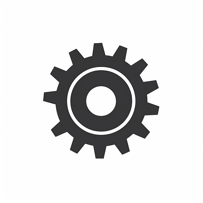 A single simple high quality minimalistic absolutely dark black flat SVG style icon symbol of a gear on a plain basic clean minimal white background in a modern and simplistic 2D corporate IT vector iconography design style with ultra-minimal detail, used as a professional graphic element for websites, apps, and presentations and made by an iconography specialist --v 5.0