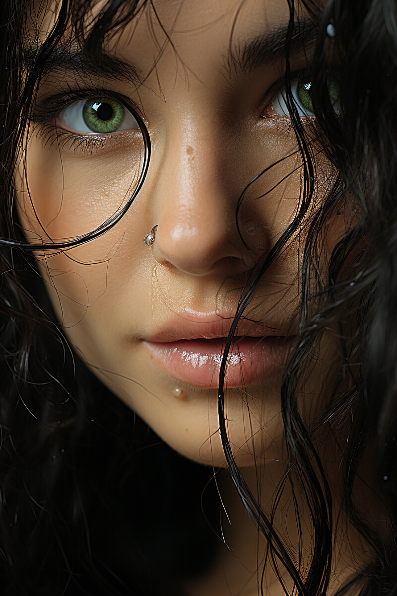 hotorealistic extreme close-up portrait woman:: black hair:: green eyes --ar 2:3 --style raw --s 750