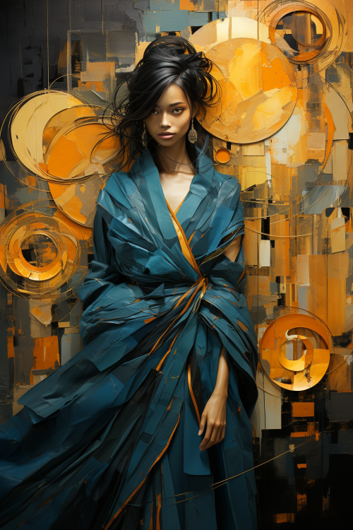 a woman is dressed in a colorful cloth and gold jewelry, in the style of textured abstract expressionism, gossamer fabrics, dark bronze and teal, recycled material murals, exquisite clothing detail, altered books, abstract whispers --ar 85:128 --s 750 --v 5.2 --style raw