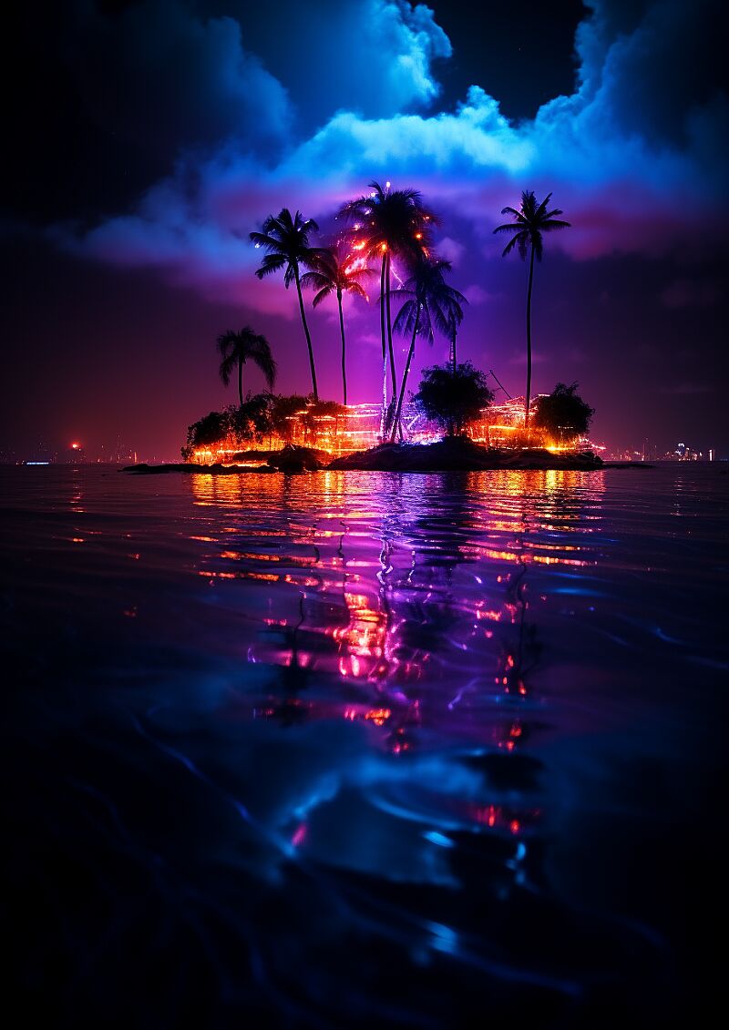 island, night photography, neon light --ar 5:7 --style raw