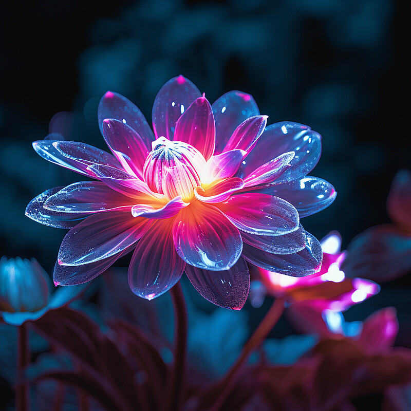 Flower, in the style of samyang af 14mm f/2.8 rf, elsa bleda, in neon glow lightup, dark yellow and light magenta, stereoscopic photography, glowing neon, photo taken with nikon d750