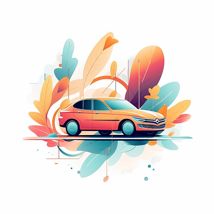 Create an minimalist illustration with a central [car] in a vibrant, stylized, and colorful design. The subject should be detailed and the central focus, with the rest of the image fading into a clean, white background. The style should be whimsical and modern, with a touch of playfulness and a flat design aesthetic. --v 5.2 --s 50