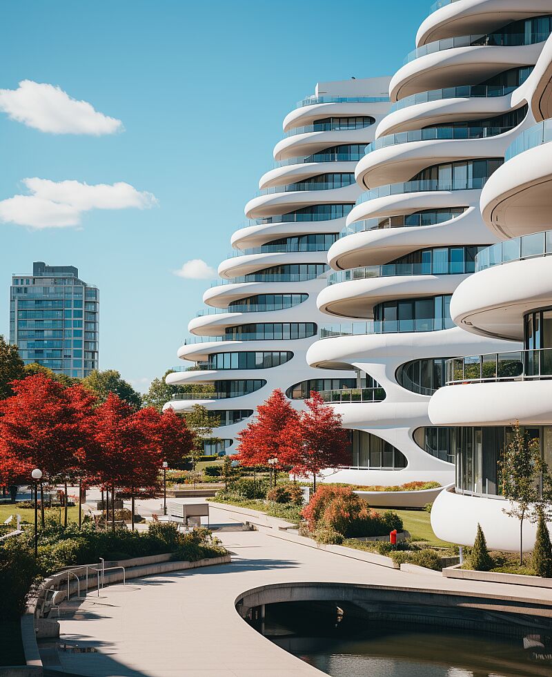 a high-rise building designed by Zaha Hadid in hypostyle, Andria Darius Pancrazi professional photography, natural lighting, unsplash, --ar 9:11 --c 21 --s 362