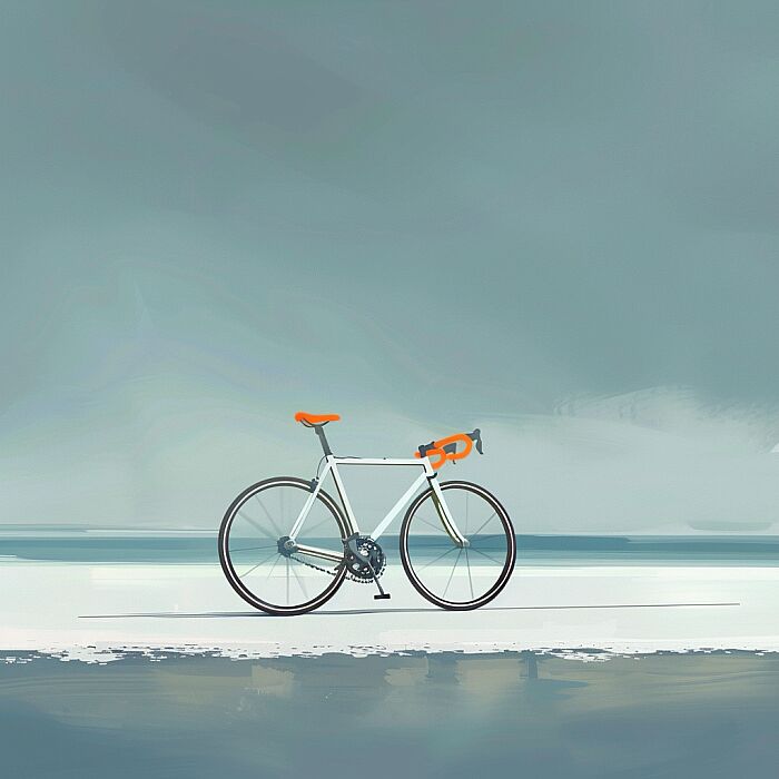 animation about a bicycle, in the style of dark white and orange, minimal design, realistic painted still lifes, cartoonish innocence, dark sky-blue and white --v 6.0