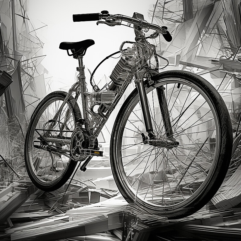 Bicycle, in the style of monochrome abstraction, mystic mechanisms, high dynamic range, etched still lifes, tangled forms, sony fe 12-24mm f/2.8 gm, transparent layers