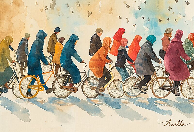 a watercolor painting of people riding bikes and walking, in the style of balthus, leiji matsumoto, lively street scenes, jan urschel, colorful animation stills, vienna secession, animated illustrations --ar 128:87 --v 6.0 --style raw