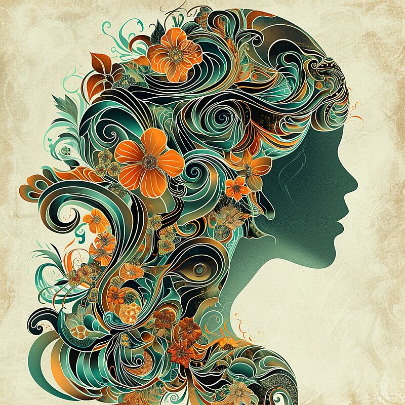 Create an image of a woman's profile with a highly stylized and artistic interpretation. Her hair and clothing should flow around her in smooth, wavelike patterns, featuring a harmonious blend of cool blues, greens, and warm orange tones. The texture of the patterns should be reminiscent of layered paper cut-outs, giving a sense of depth and intricacy. She should have an ethereal beauty, with delicate features, and be adorned with vibrant orange flowers that provide a striking contrast to the cool colors. The image should capture the graceful curves of her profile and the elegant movement of the stylized patterns, creating a serene and mesmerizing visual experience. --v 6.0 --style raw