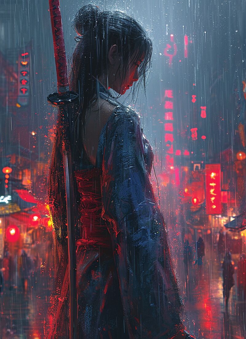 a girl with swords in an urban scene, in the style of anime-inspired character designs, cyberpunk realism, chen zhen, pixelated realism, traditional techniques reimagined, nightcore, dynamic anime --ar 21:29 --stylize 750 --v 6.0 --style raw