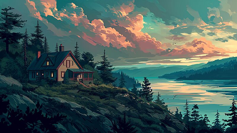 cottage at sunset in a large landscape painting, in the style of graphic design-inspired illustrations, the vancouver school, dark beige and teal, i can't believe how beautiful this is, hikecore, martin ansin, uhd image --ar 16:9 --v 6.0 --style raw