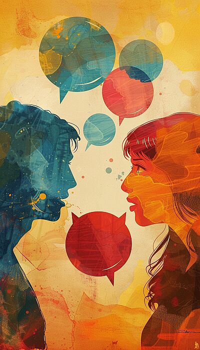 Relationship Communication": Visual Idea: Illustrations of open dialogue, active listening, or dialogue bubbles to represent effective and empathetic communication in relationships. --ar 4:7 --v 6.0