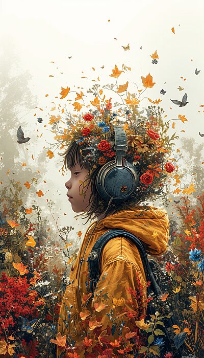 Whimsical illustration of a person with nature-themed headphones: Draw a whimsical illustration of a person wearing headphones shaped like leaves or flowers. Instead of music playing through the headphones, depict natural sounds like chirping birds and rustling leaves. --ar 4:7 --v 6.0 --s 750